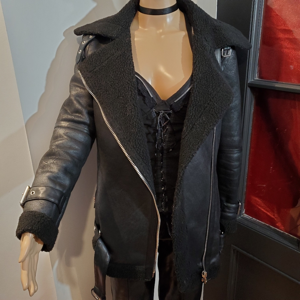 Avec Les Filles Faux Fur & Suede Long Biker Jacket